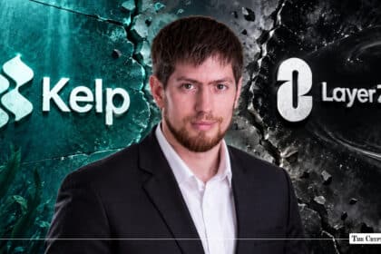 Bryan Pellegrino, CEO of LayerZero, positioned between the Kelp DAO and LayerZero logos on a cracked background.