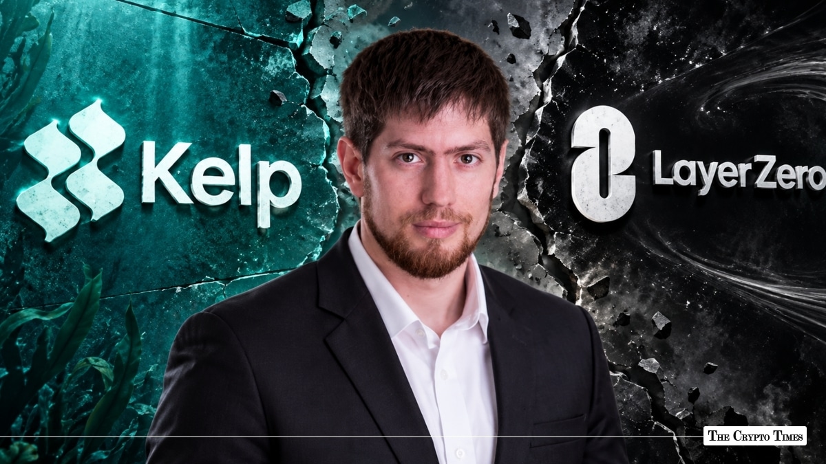 Bryan Pellegrino, CEO of LayerZero, positioned between the Kelp DAO and LayerZero logos on a cracked background.