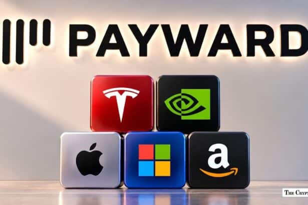 Stack of Tech Stock Logo Cubes Below Payward Sign.