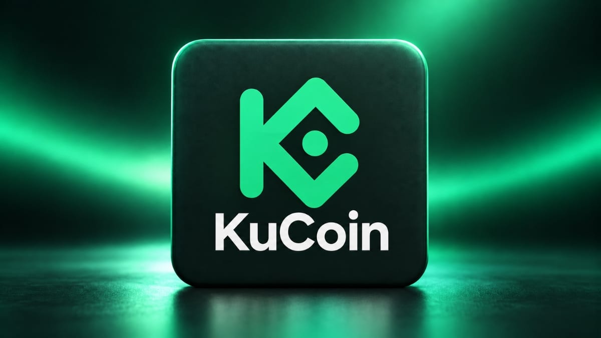 KuCoin cryptocurrency exchange logo featuring a green geometric K emblem on a dark pedestal