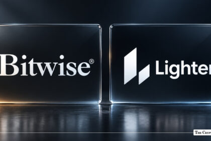 Side-by-side glass plaques displaying the Bitwise and Lighter logos on a reflective dark surface.