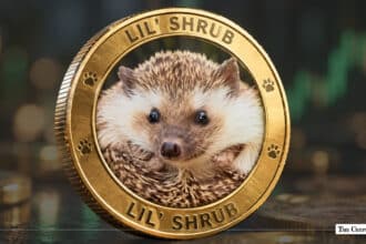 Gold Lil' Shrub meme coin with a hedgehog design at its centre, set against a blurred green candlestick chart
