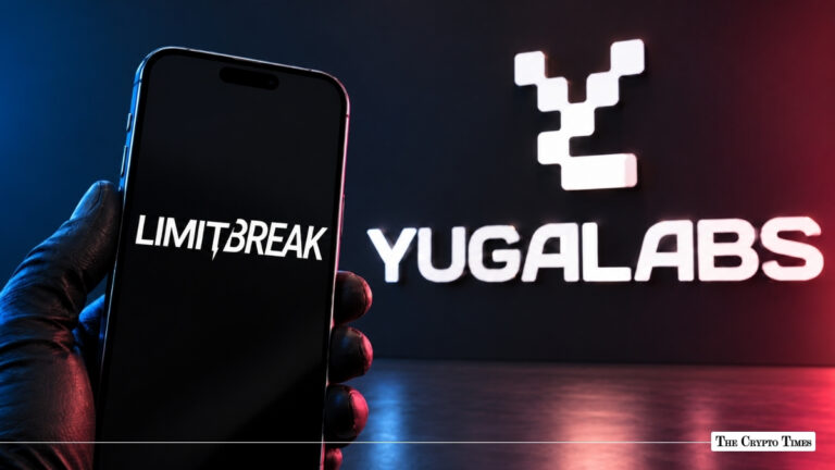 A gloved hand holding a smartphone displaying the Limit Break logo, with the Yuga Labs logo illuminated on the wall behind it.