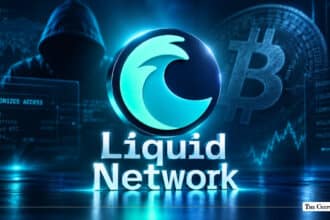 3D Liquid Network logo with a hooded hacker shadow and computer code overlays in the background