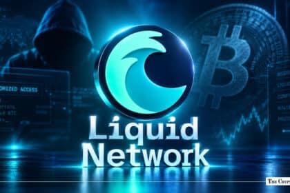 3D Liquid Network logo with a hooded hacker shadow and computer code overlays in the background