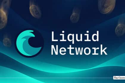 Teal Liquid Network logo and text over a dark blue background with blurred falling Bitcoin coins
