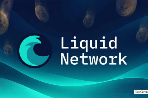 Teal Liquid Network logo and text over a dark blue background with blurred falling Bitcoin coins