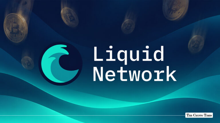 Teal Liquid Network logo and text over a dark blue background with blurred falling Bitcoin coins