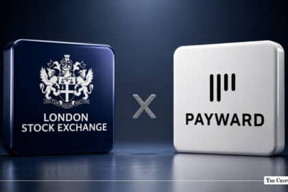 Square blue tile featuring the London Stock Exchange coat of arms and text next to an "X" symbol and a square white tile with the Payward logo