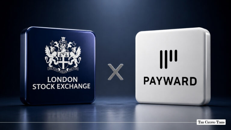 Square blue tile featuring the London Stock Exchange coat of arms and text next to an "X" symbol and a square white tile with the Payward logo