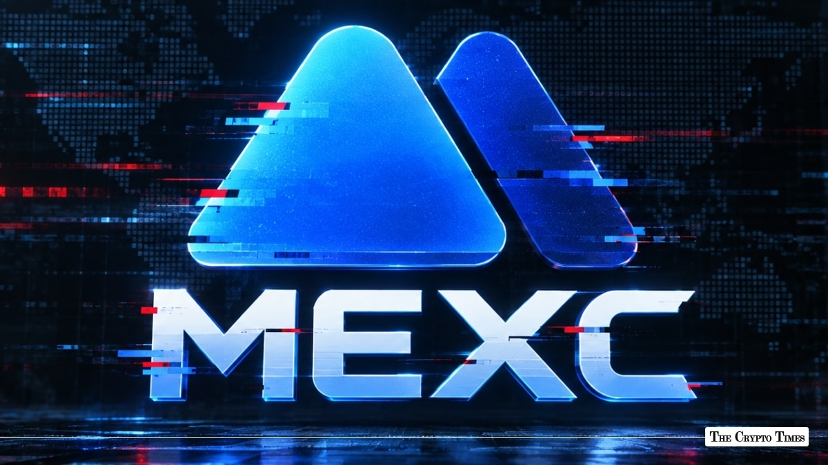 An illuminated blue MEXC logo with digital glitch effects on a dark background.