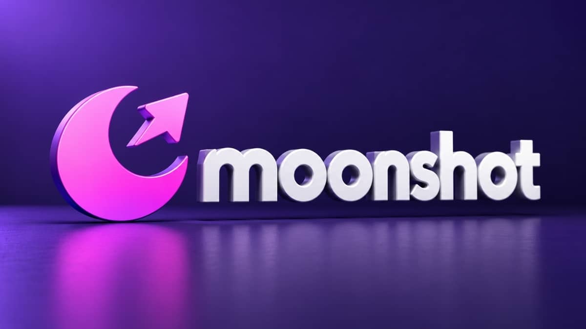 Moonshot logo with glowing pink crescent moon and arrow icon on purple background