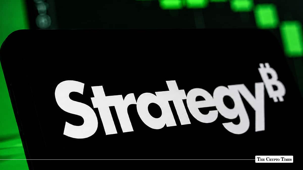 MicroStrategy logo with the Bitcoin "B" integrated into the final letter, set against a dark screen with green trading charts in the background