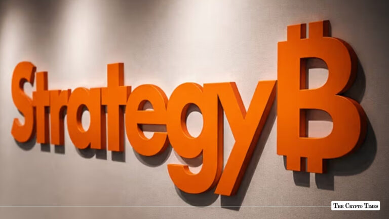 Strategy logo with an orange Bitcoin symbol on a white wall.