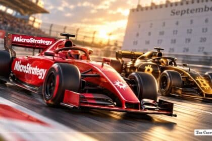 MicroStrategy-branded race car competing alongside a Bitcoin-themed race car on a track in front of a September calendar board.