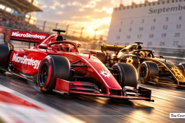 MicroStrategy-branded race car competing alongside a Bitcoin-themed race car on a track in front of a September calendar board.
