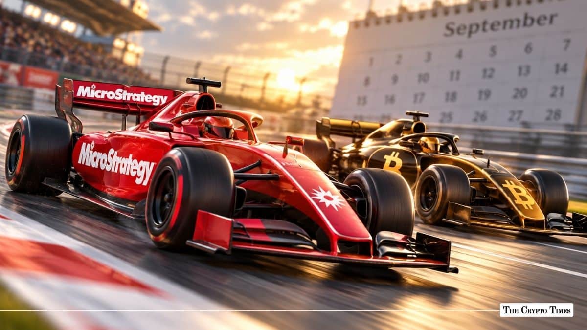 MicroStrategy-branded race car competing alongside a Bitcoin-themed race car on a track in front of a September calendar board.