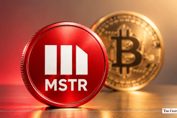 Red MicroStrategy MSTR token coin positioned next to a gold Bitcoin coin