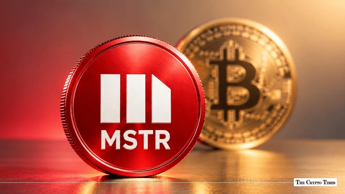 Red MicroStrategy MSTR token coin positioned next to a gold Bitcoin coin