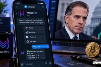 Smartphone displaying the Maestro Telegram trading bot interface set in front of a laptop screen featuring Hunter Biden and the U.S. Capitol building