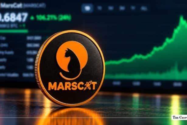 MarsCat cryptocurrency coin resting in front of a green rising market chart.