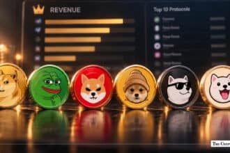 Lineup of physical meme coins including Dogecoin, Pepe, Shiba Inu, and WIF set in front of a digital screen displaying protocol revenue rankings and top ten metrics