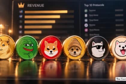Lineup of physical meme coins including Dogecoin, Pepe, Shiba Inu, and WIF set in front of a digital screen displaying protocol revenue rankings and top ten metrics