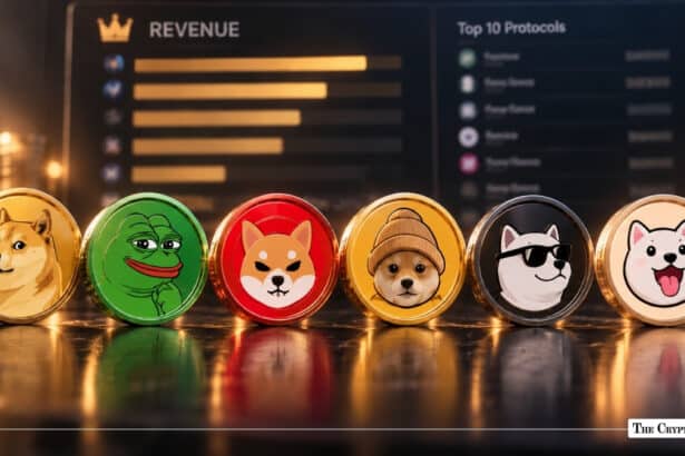 Lineup of physical meme coins including Dogecoin, Pepe, Shiba Inu, and WIF set in front of a digital screen displaying protocol revenue rankings and top ten metrics