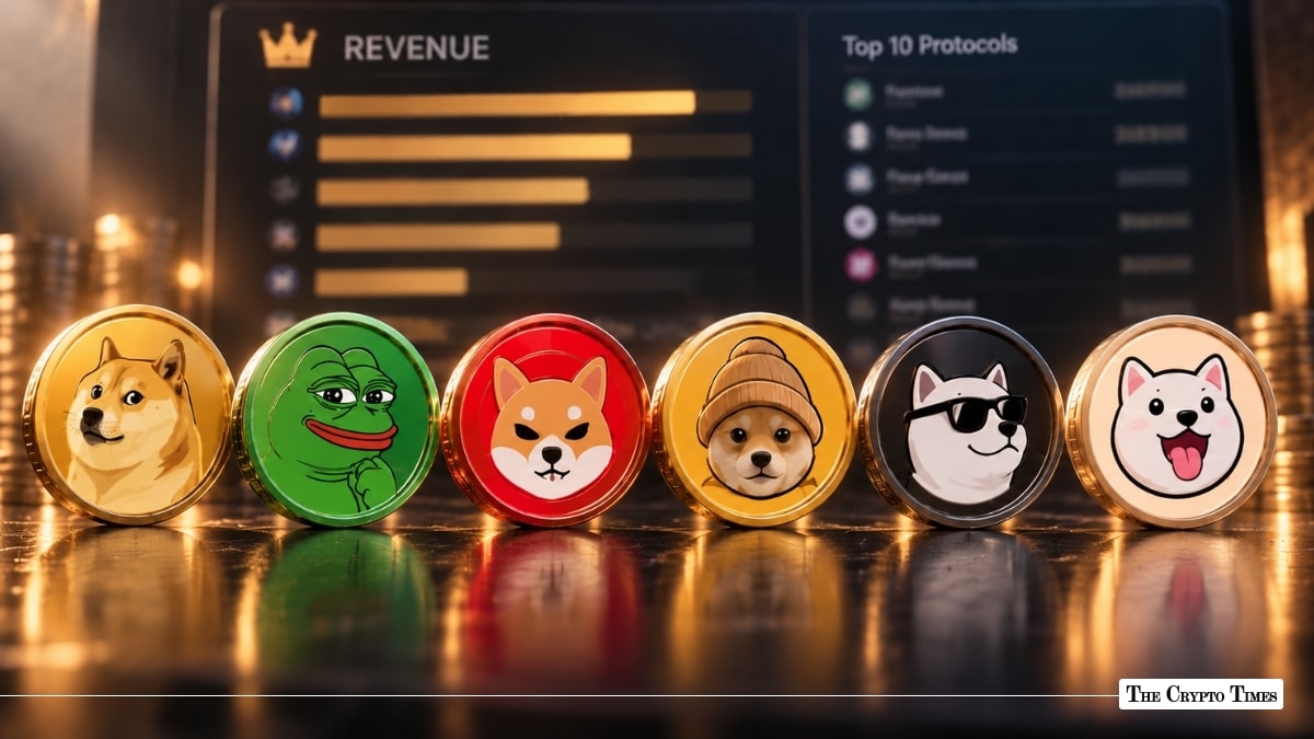 Lineup of physical meme coins including Dogecoin, Pepe, Shiba Inu, and WIF set in front of a digital screen displaying protocol revenue rankings and top ten metrics