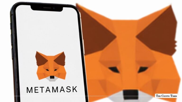Smartphone displaying the MetaMask logo next to a enlarged close-up of the orange fox icon.