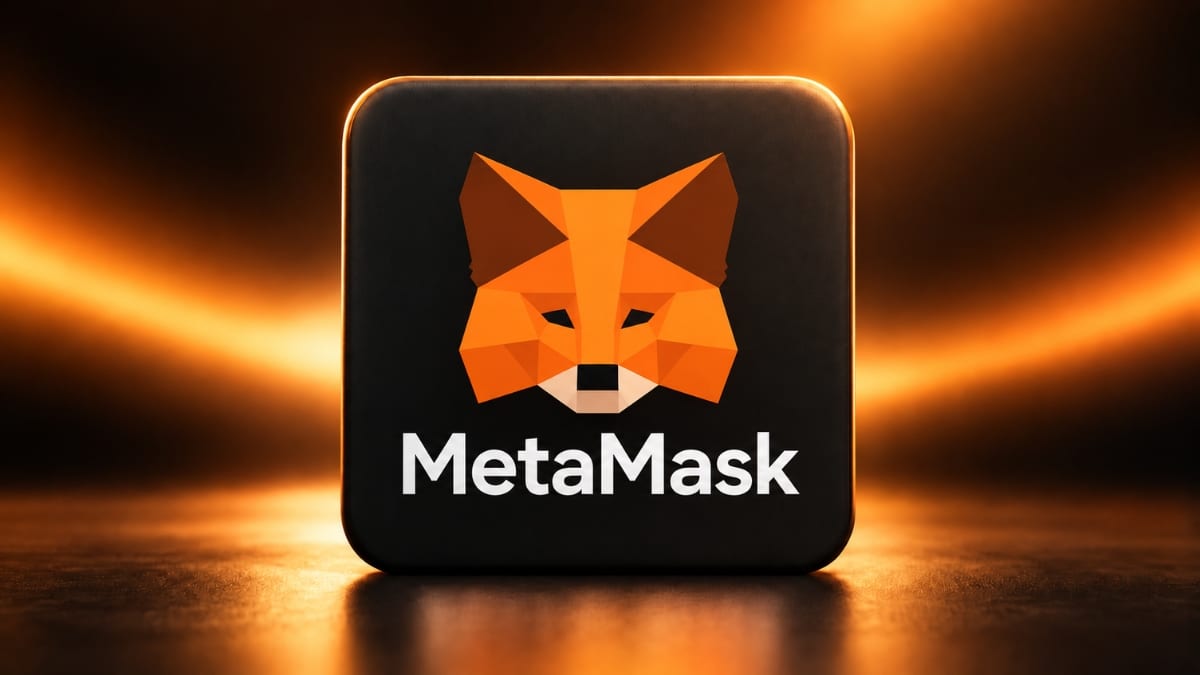 MetaMask crypto wallet logo featuring an orange fox icon on a dark pedestal