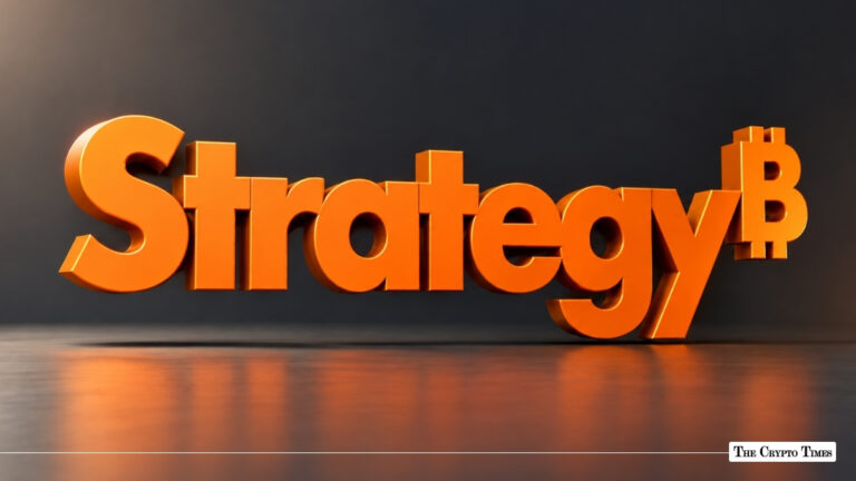 Orange 3D text spelling "Strategy" with a stylized Bitcoin symbol forming the final letter "y" on a reflective dark surface