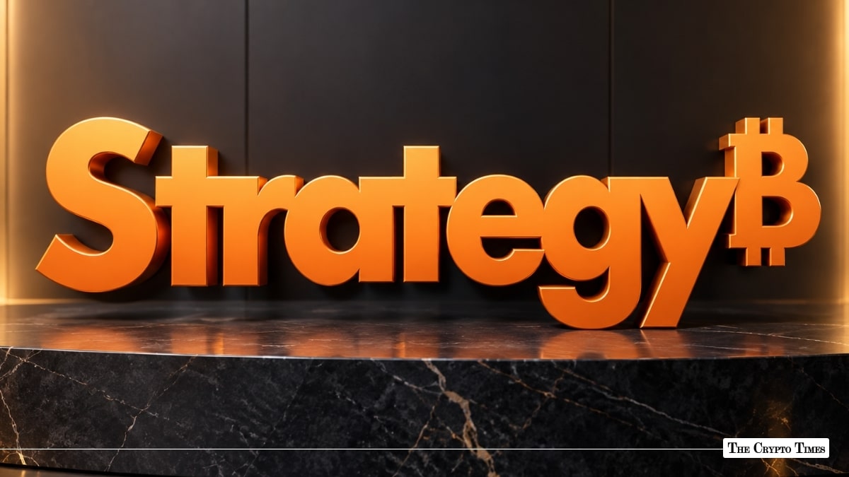 3D orange text spelling "Strategy" ending with an integrated Bitcoin symbol, set against a dark wall and marble surface.
