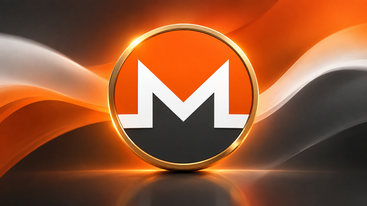 Monero (XMR) crypto coin logo on an orange background.