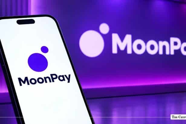 Smartphone displaying the MoonPay logo against a neon purple MoonPay background.