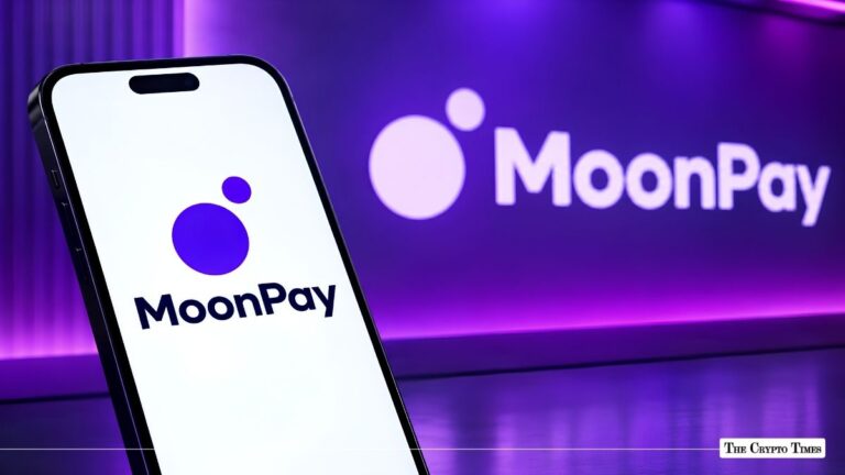Smartphone displaying the MoonPay logo against a neon purple MoonPay background.