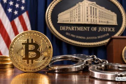 Gold Bitcoin coin and steel handcuffs resting on a wooden desk in front of the U.S. Department of Justice seal and American flag