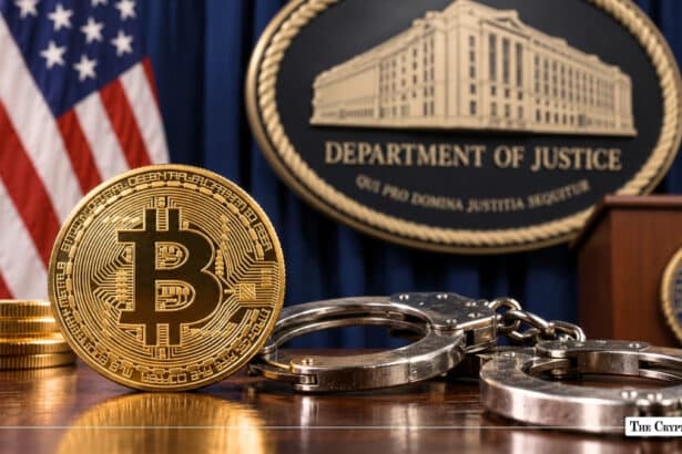 Gold Bitcoin coin and steel handcuffs resting on a wooden desk in front of the U.S. Department of Justice seal and American flag