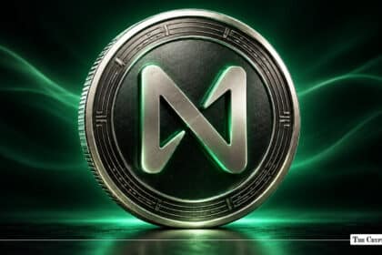 A metallic NEAR Protocol coin glowing with a green outline against a dark background.