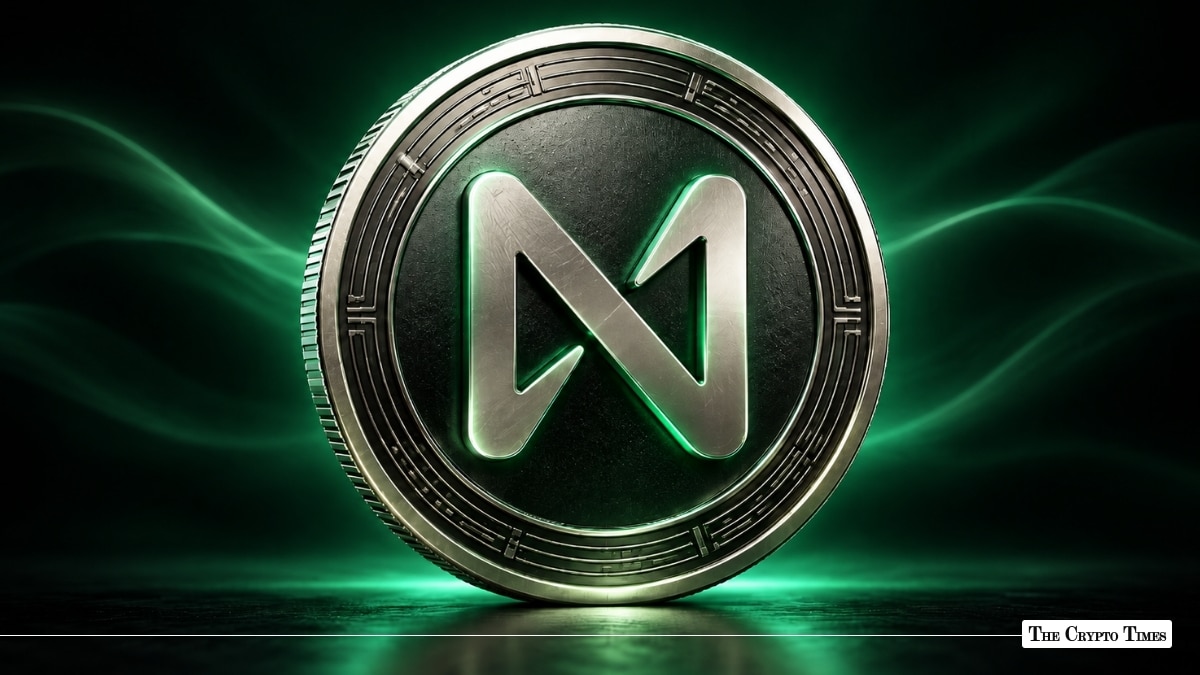 A metallic NEAR Protocol coin glowing with a green outline against a dark background.