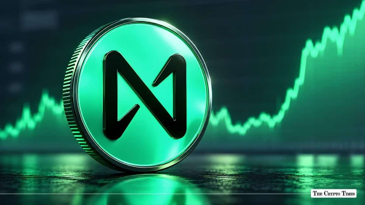 NEAR Protocol (NEAR) token set against a green upward-trending market chart.