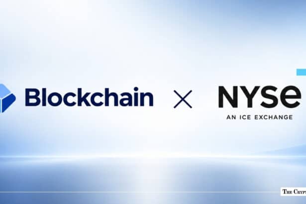 Blockchain.com and NYSE logos displayed side-by-side on a light gradient background.
