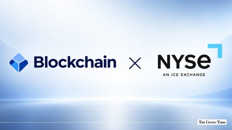 Blockchain.com and NYSE logos displayed side-by-side on a light gradient background.
