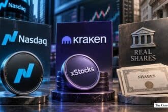 Nasdaq, Kraken, and Real Shares displays with crypto tokens and stock certificates.