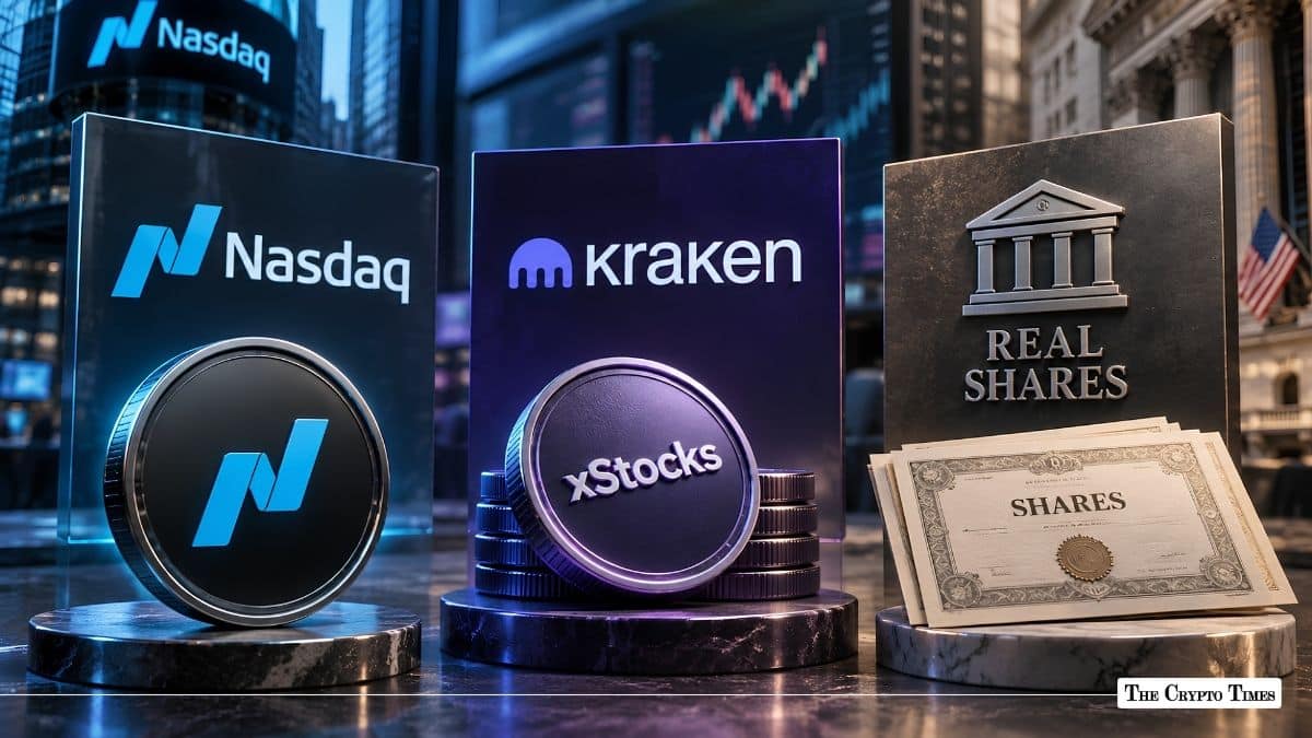 Nasdaq, Kraken, and Real Shares displays with crypto tokens and stock certificates.