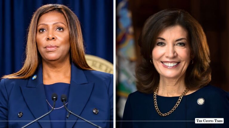 Side-by-side portraits of New York Attorney General Letitia James and New York Governor Kathy Hochul.