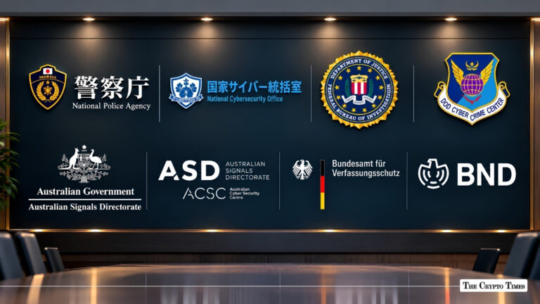 Logos and seals of international law enforcement and intelligence agencies displayed on a wall in a conference room.