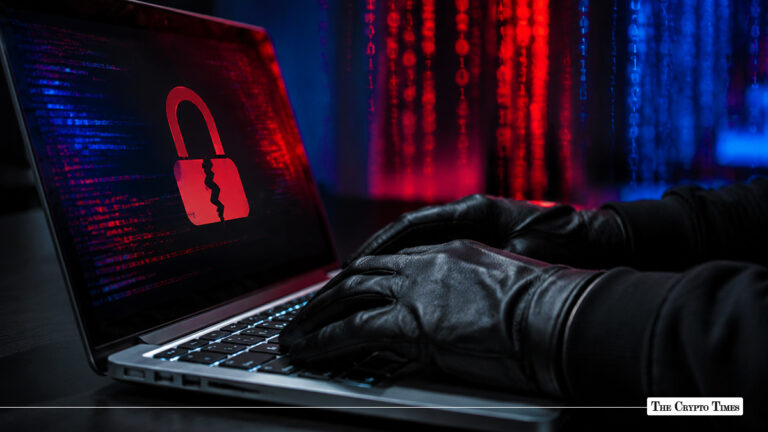 Gloved hands typing on a laptop displaying a cracked red padlock icon against a background of digital code matrix lines