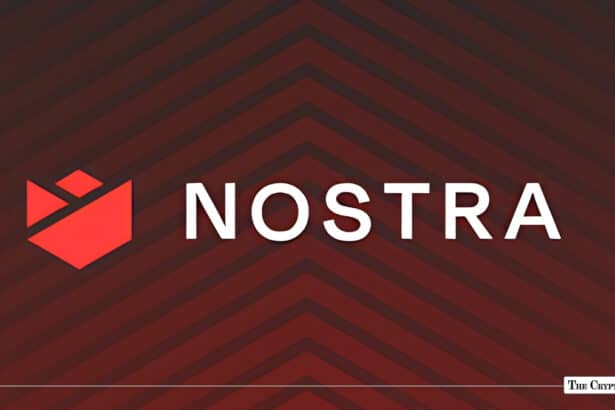 The Nostra logo in white and red centered over a dark red geometric pattern.