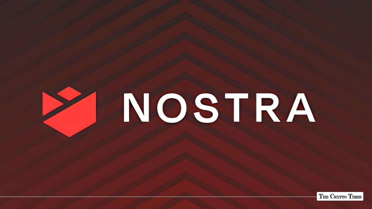 The Nostra logo in white and red centered over a dark red geometric pattern.